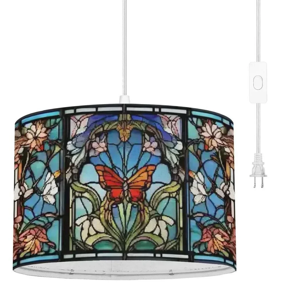 Butterfly Stained Glass Lamp, Art Nouveau Lighting Hanging Drum Lamp Light